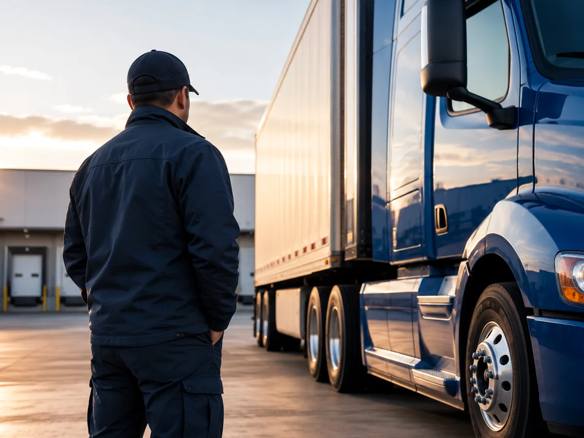 Professional driver reviewing a truck before transportation service